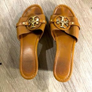 Lightly worn brown leather Tory Burch wedges
